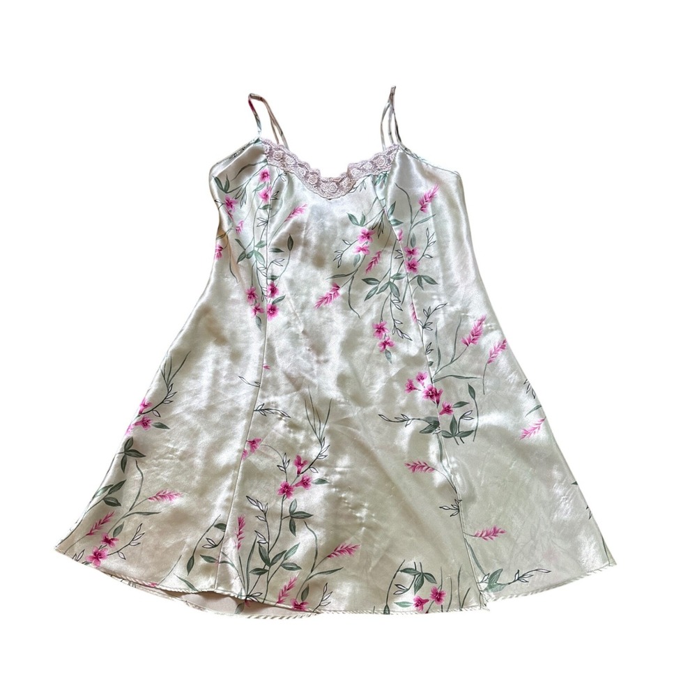 Private Luxuries‎ Nightgown Women Green Floral Lace Trim Satin Slip SIZE M